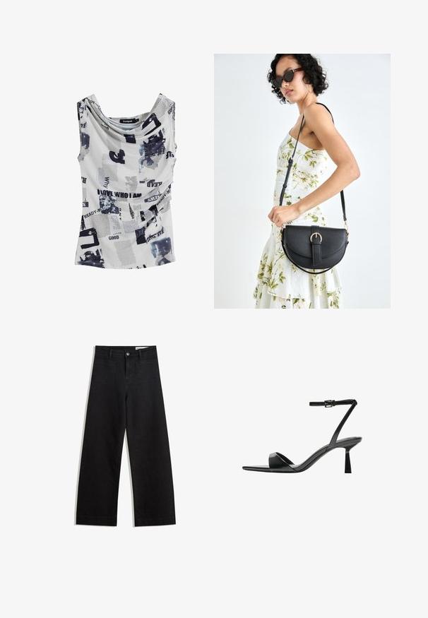 Weißes ärmelloses Top mit einem schulterfreien Ausschnitt, verziert mit einer Mischung aus schwarzem Text und abstrakten blauen Mustern. Aus weichem, leichtem Material.; Schwarze weit geschnittene Jeans mit hoher Taille, ausgestattet mit Vorder- und Hintertaschen, gesteppten Nähten und einem Knopfverschluss. Glatte Textur.; Bershka High Heel Sandalette - black; Schwarze Lederhandtasche mit geschwungener Form, abnehmbarem Tragegurt und goldenen Beschlägen. Die Tasche verfügt über einen Deckel mit einer Schnallen-Details.