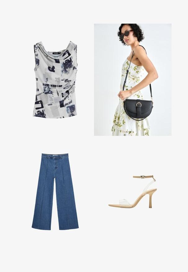 Top bianco senza maniche con scollo a cowl, caratterizzato da un mix di testo nero e motivi astratti blu. Tessuto morbido e leggero.; Jeans in denim a gamba larga di blu medio, con vita alta, chiusura con bottone e dettagli delle cuciture verticali a contrasto lungo la parte anteriore.; Sandal con tacco trasparente e parte superiore trasparente, plantare beige e una sottile cinghia alla caviglia. Presenta una punta appuntita e un tacco alto e sottile.; Borsa a tracolla nera in pelle con una forma curva, manico rimovibile e accessori dorati. La borsa presenta una patta con un dettaglio a fibbia.