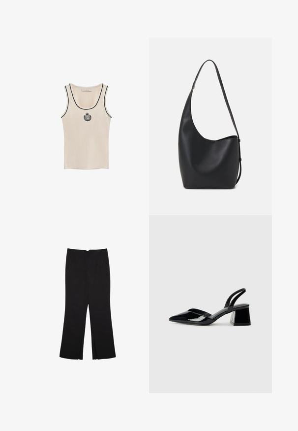 Beiger Tank-Top mit schwarzem Besatz und einem kreisförmigen gestickten Logo in der Mitte. Hergestellt aus weichem, glattem Stoff mit einer figurbetonten Passform.; Schwarze Hose mit geradem Schnitt, ausgestattet mit Fronttaschen und Seitenschlitzen am Saum. Hergestellt aus weichem, glattem Stoff. Geeignet für verschiedene Anlässe.; Schwarze Lackleder-Slingback-High Heels mit spitzem Schuh und einem geometrischen Blockabsatz. Verfügt über ein schlankes, minimalistisches Design und eine glatte Textur.; Schwarze Leder-Hobo-Tasche mit einer glatten Textur, geschwungener Form und einem einzelnen verstellbaren Tragegurt; verfügt über eine weite Öffnung am oberen Ende.