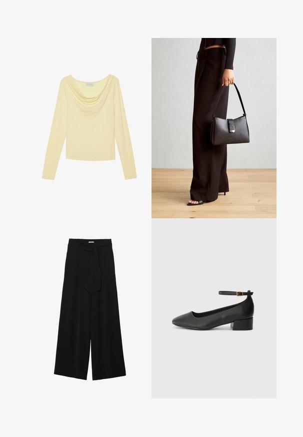 Langärmliges gelbes Oberteil mit einem drapierten Cowl-Ausschnitt, aus weichem Stoff gefertigt, mit taillierter Passform und glatter Textur.; Schwarze weite Hosen aus strukturiertem Stoff, mit elastischem Bund und einem abnehmbaren Bindegürtel in der Taille für eine verstellbare Passform.; Schwarze Lederpumps mit spitzem Zehenbereich und niedrigem Blockabsatz. Mit einem Knöchelriemen und einer goldfarbenen Schnalle. Glatte Textur.; Schwarze Handtasche mit strukturierter Form, glatter Textur und einem metallischen Verschluss. Kombiniert mit weiten schwarzen Hosen und offenen Sandalen auf einem Holzboden.