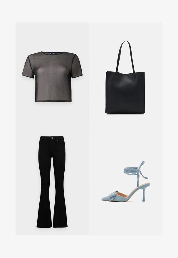 Melna īsām piedurknēm tops, izgatavots no caurspīdīga materiāla, ar apaļu kakla izgriezumu un melnu apdari gar malām. Viegls un ar gludu tekstūru.; Melni augsta jostas šorti ar pogu un rāvējslēdzēju, priekšējām kabatām un izplestām kājām, nolikti uz balta fona.; Zilnīšu augstpapēžu kurpes ar norādītu purngalu, izgatavotas no gaiši zilas auduma ar teksturētu apdari, ar loku akcentu un potītes siksniņu drošai piestiprināšanai.; Melnas ādas somiņa ar gludu tekstūru, taisnstūra formu un divām garām rokturiem. Nav redzamu aparatūras vai rotājumu.