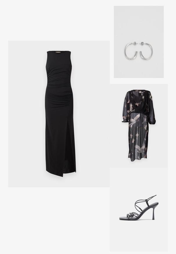 Hihnatuva musta mekko, jossa on kietaisusuunnittelu, pehmeästi väritettyjä linnun kuvioita, pitkähihaisuus ja säädettävät nauhat vyötäröllä.; Mustat ilman hihnoja maksimittaiset mekko, jossa on ryppydetaljointi vaatteessa ja reiden korkeudelle ulottuva halkio yhdellä puolella. Valmistettu sileästä ja joustavasta kankaasta.; Mustat korkokengät sandaalit, joissa on ohuet hihnat solmittuna, sileä neliön muotoinen varvasosa ja tyylikäs stiletto-korko.; Vaalea harmaa metallinen käsilaukku, jossa on ketjusanka. Laukku on koristeltu pienillä pyöreillä metallikoruilla ja kolmion muotoisella brändilogolla.; Hopeiset korvarenkaat, joissa on sileä ja kiiltävä pinta, kaareva muoto ja piikkikiinnitys. Minimalistinen muotoilu modernilla viimeistelyllä.