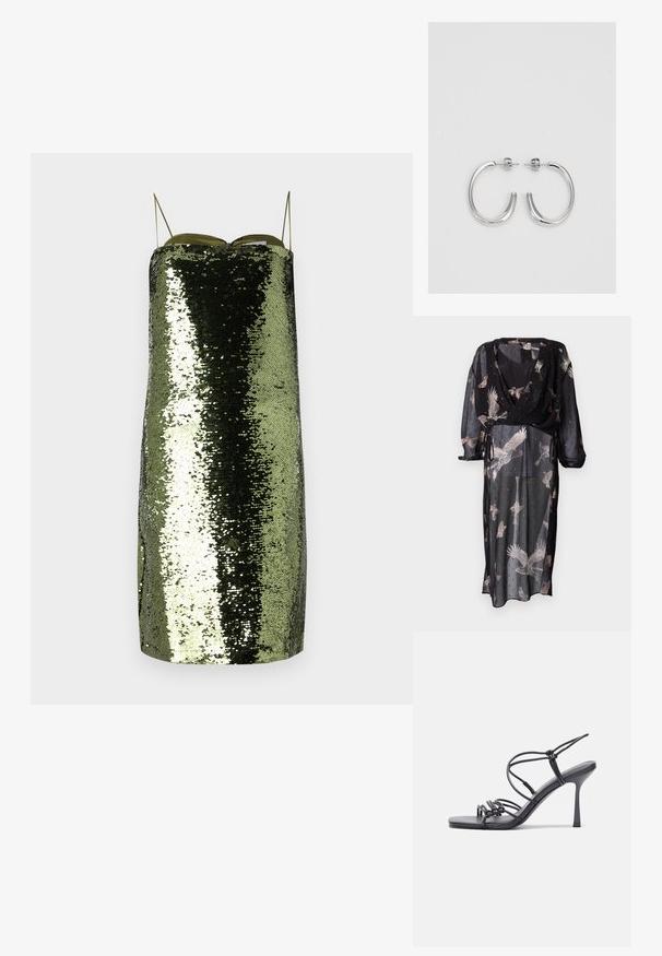 Genomskinlig svart klänning med omslagsdesign, prydd med fågelmönster i mjuka färger, lång ärm och justerbara snören i midjan.; Grön paljettklänning med rak skärning, tunna justerbara band, som har en reflekterande yta och en smal silhuett.; Svarta högklackade sandaler har tunna remmar med en knuten design, en slät fyrkantig tå och en smal stilettklack.; Ljusgrå metallisk handväska med kedjestropp, prydd med små cirkulära metallnitar och en triangulär logotyp.; Silver hoopsörhängen med en slät, glänsande yta, med en böjd form och post-stängning. Minimalistisk design med en modern finish.