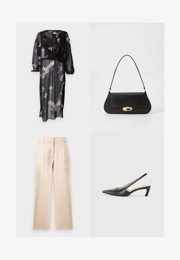 Durchsichtiges schwarzes Kleid mit Wickeldesign, verziert mit Vogelmustern in sanften Farben, langen Ärmeln und verstellbaren Bindebändern in der Taille.; Beige Hose aus glattem Stoff. Mit geradem Schnitt, flachem Bund und zwei Falten. Keine sichtbaren Muster oder Beschläge.; Schwarzer spitz zulaufender Slingback-Schuh mit niedrigem Absatz, der aus glattem Leder gefertigt ist und seitliche Ausschnitte für Atmungsaktivität aufweist.; Schwarze Lederhandtasche mit geschwungenem Design, Beschlägen in Goldfarbe und einem oberen Griff. Verfügt über einen eleganten Verschluss und eine glatte Textur.