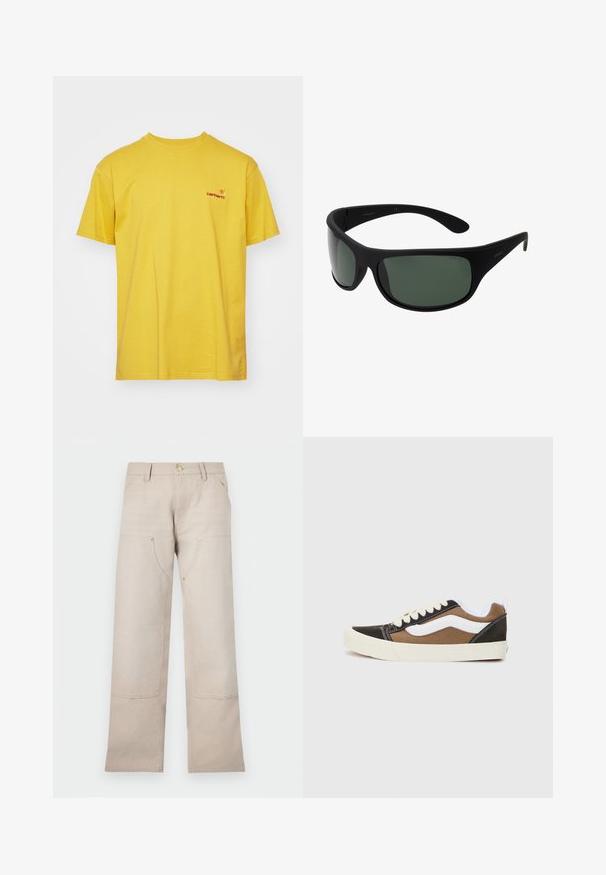 Yellow cotton t-shirt with short sleeves, round neck, and a small red logo on the left chest. Smooth texture, casual design.; Beige cotton pants with a straight-leg design, featuring two front pockets and two zippered accents. Gold-tone hardware highlights.; Black and brown sneakers with white accents, canvas material, low-top design, round toe, and beige rubber sole. Features contrasting stitching.; Black wraparound sunglasses with dark green lenses. Matte finish, curved design, with straight arms and subtle branding on the side.