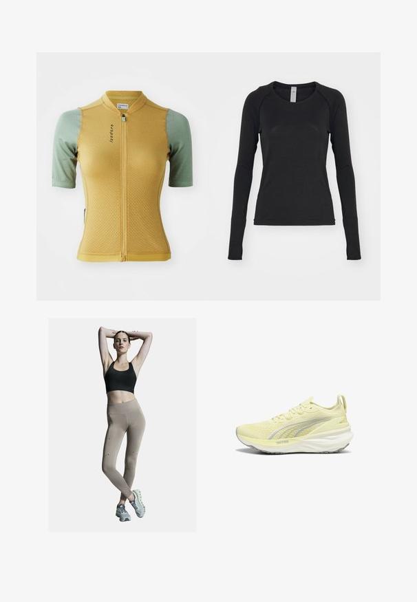 Geltona ir žalia dviračių marškinėliai trumpomis rankovėmis, tekstūruota medžiaga, priekinis užtrauktukas ir logotipas ant krūtinės. Turi prigludusį dizainą.; Juoda ilgomis rankovėmis marškinėliai, pagaminti iš minkštos medžiagos. Suapvalintas kaklas ir raglano tipo rankovės su išpjovomis nykščiams ant rankogalių. Minimalistinis dizainas.; Juodas sportinis liemenukas ir smėlio spalvos aukštu liemeniu leggingai, su šoninėmis siūlėmis ir akcentais. Modelis dėvi šviesiai pilkus sportinius batus su paminkštintu padu.; Šviesiai geltonos sportinės bateliai su tekstūruotu paviršiumi, pilkais akcentais ir paminkštintu padu. Su raišteliais ir kilpa ant kulno.