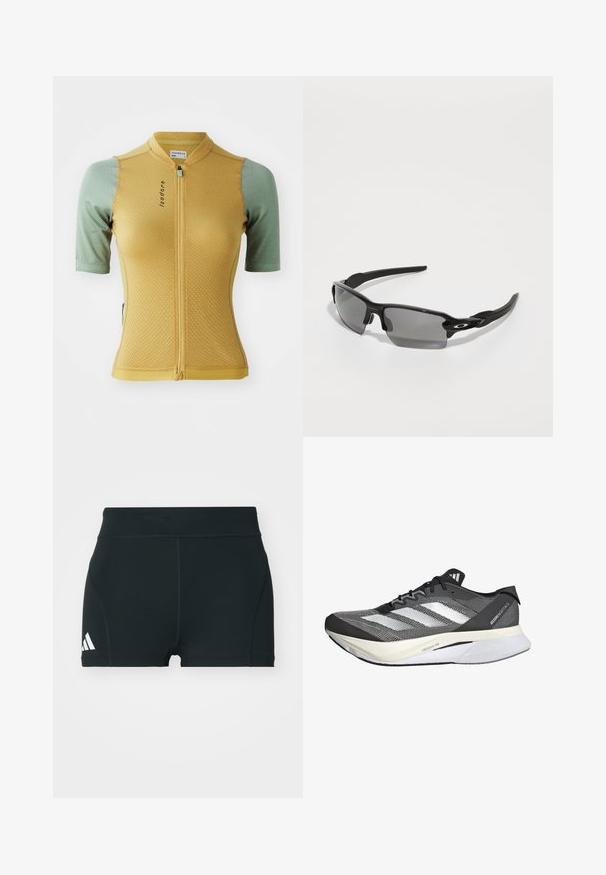 Yellow and green cycling jersey with short sleeves, textured fabric, front zipper, and a logo on the chest. Features a fitted design.; Black athletic shorts made of stretchy fabric, featuring a high waistband, fitted shape, and white Adidas logo on the left side.; Black and white athletic shoe with a mesh upper, features three white stripes, a prominent sole labeled "LIGHTSTRIKE PRO," and a streamlined design.; Black sports sunglasses with gray lenses, a curved frame design, and logo detail on the side. Made from lightweight plastic material.
