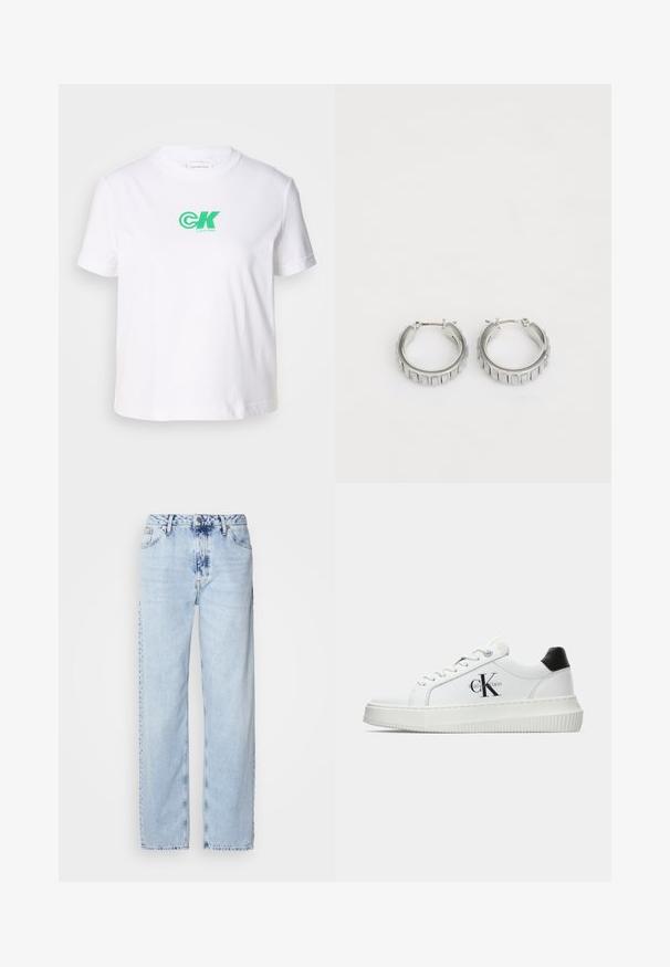 Fehér pamut póló kerek nyakkal és rövid ujjakkal, zöld Calvin Klein logóval az elején. Klasszikus, egyenes fazonú design.; Egy világos kék, bő szárú farmernadrág, magas derekú, elhalványult mosással és finom batikolt mintával az elején.; Fehér alacsony szárú edzőcipő fekete saroktabbal, platform talppal, fűzőkkel és Calvin Klein "CK" logóval az oldalán.; Ezüst fülbevalók, texturált mintával, függőleges barázdákkal. Kerek forma, biztos záródással. Sima felület.