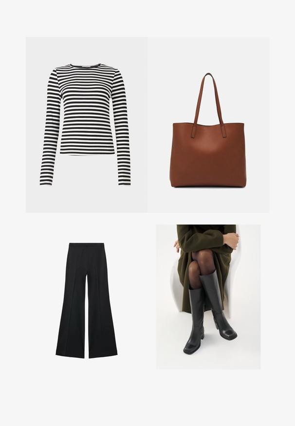 Top lung cu maneci lungi, cu dungi negre și albe, având un guler rotund. Fabricat dintr-un material ribbed, prezintă dungi orizontale distribuite uniform.; Pantaloni negri cu croială largă, având o textură netedă, cu pliseuri frontale și un design croit. Materialul este ușor și fluid.; Cizme din piele neagră, până la genunchi, cu vârf pătrat și toc bloc, prezentate pe un model așezat într-o haină verde măsline. Textură netedă, detalii minime.; Geantă de umăr din piele maro cu o textură netedă, design cu vârf deschis și două curele pentru umăr. Prezintă cusături minime și fără componente metalice vizibile.