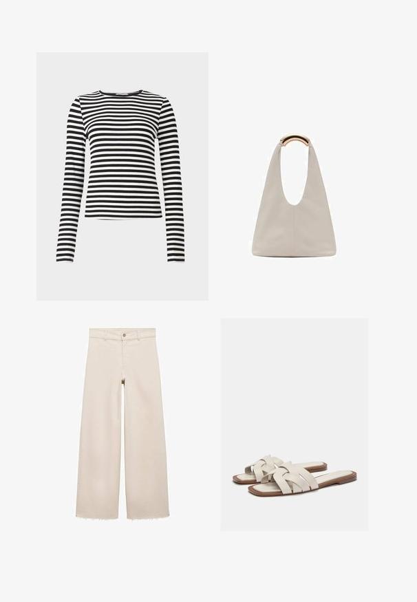 Top lung cu maneci lungi, cu dungi negre și albe, având un guler rotund. Fabricat dintr-un material ribbed, prezintă dungi orizontale distribuite uniform.; Jeans bej cu picioare largi și talie înaltă, cu închidere cu buton, buzunare frontale și tiv desfăcut. Fabricate din material denim.; Sandale slide bej deschis cu curele împletite, având o talpă plată și un design minimalist. Textură netedă cu accente de contrast de culoare subtile.; Geantă din piele gri deschis cu un design în formă de U și un mâner metalic curbat. Textură netedă cu cusături minime și fără modele vizibile.
