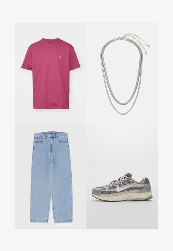Carhartt WIP CHASE - Basic T-shirt - dusty fuchsia/gold; Light blue denim jeans with straight leg design, featuring a mid-rise waist, five pockets, and a button and zipper closure.; Gray athletic shoe featuring a mesh and suede upper, white accents, a cushioned sole, and a distinctive design with reflective elements.; Three-layered silver metal necklace featuring sleek, flexible chains with a slight sheen, secured with a lobster clasp and adjustable chain.