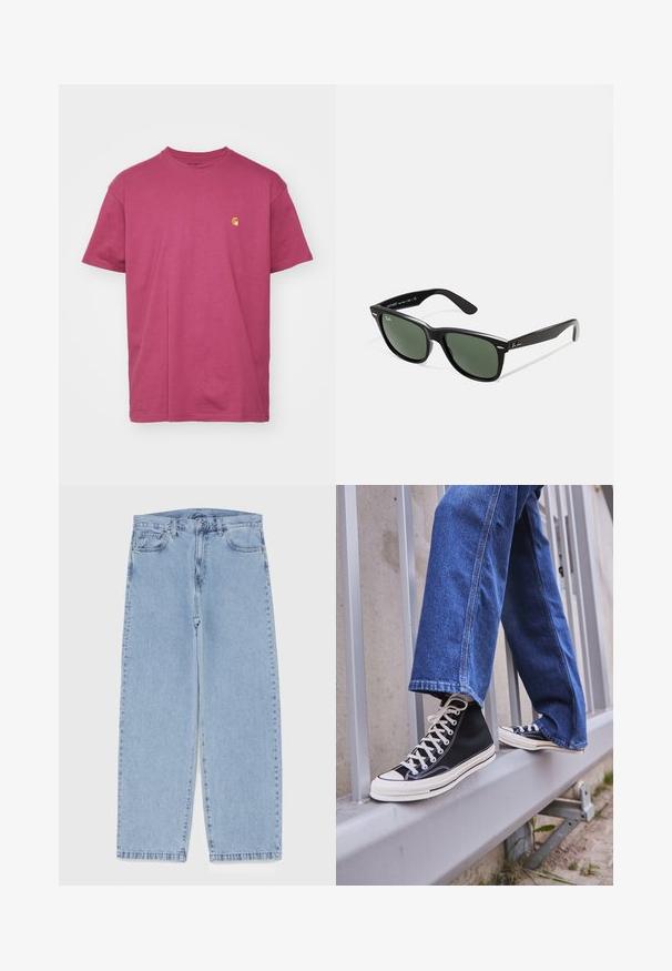 Carhartt WIP CHASE - T-shirts basic - dusty fuchsia/gold; Lyseblå denimjeans med straight leg-design, der har en mid-rise talje, fem lommer og en lukning med knap og lynlås.; Sorte høj-top sneakers med hvid sål og snørebånd, parret med løse blå denimjeans, hvilende på et gråt gelænder.; Sorte plastiksolkaber med grønne linser, firkantede stel, sølvaccent på brynene og teksturerede templede arme. Angivet mærke på den indre arm.