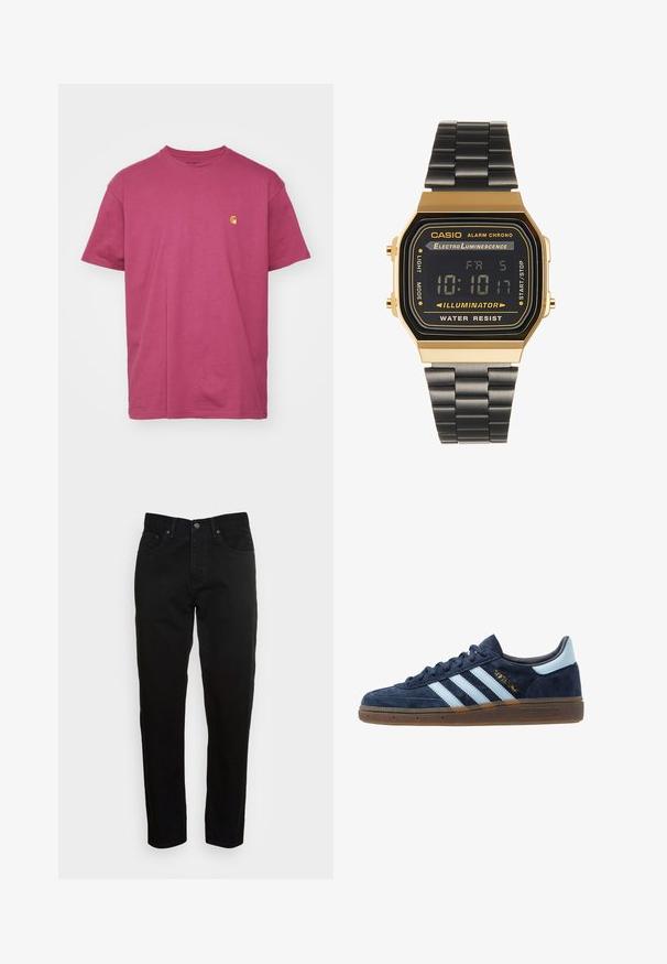Carhartt WIP CHASE - T-shirt basic - dusty fuchsia/gold; Jeans neri slim-fit con chiusura frontale a bottone e design a cinque tasche, esposti su uno sfondo grigio chiaro uniforme.; Sneaker Adidas in suede blu navy con strisce azzurre, suola in gomma, linguetta sul tallone azzurra e logo dorato "Spezial" sul lato.; Orologio digitale da polso con cassa rettangolare color oro, display LCD nero e cinturino in metallo nero. Le caratteristiche includono allerta e resistenza all'acqua.