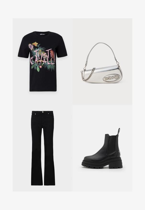 Juoda marškinėliai su spalvingais tropiniais gėlių ir paukščių grafikais; tekstas "JUST CAVALLI" rožinės spalvos, apvalus kaklas, trumpomis rankovėmis.; Juodi plačios kojų džinsai, pagaminti iš denimo, turintys dvi priekinės kišenes, užsegimą su mygtuku ir lygią tekstūrą. Išsiuvinėjimas matomas siūlėse.; Juodi Chelsea batai, pagaminti iš lygaus odos, su elastingais šonų paneliais, storu, grotuotu guminio pado ir su traukimo įrankiu gale.; Sidabrinė metalinė rankinė apvalios trikampio formos, su logotipu, grandeline juosta ir lygiu paviršiumi. Užtrauktukas šone.