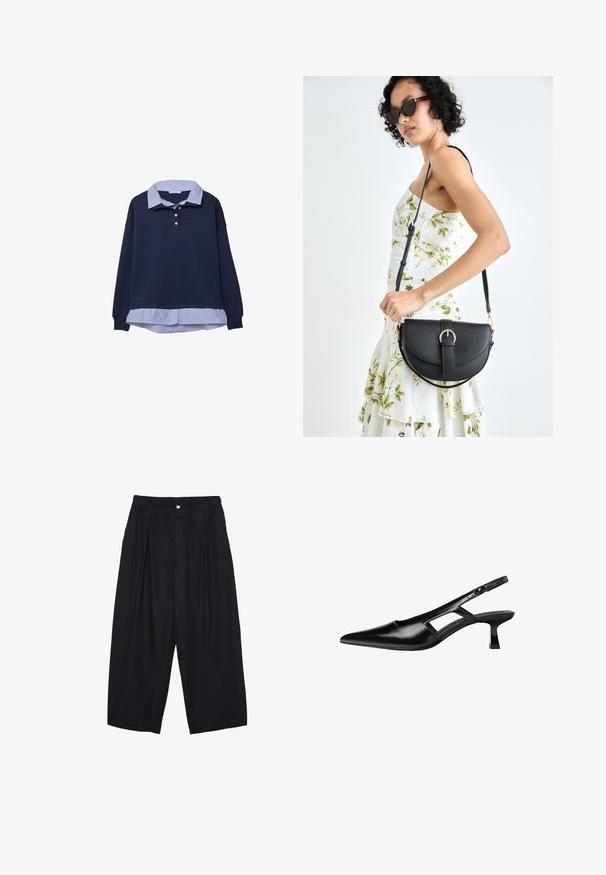 Námornícky sveter s modrým pruhovaným golierom pod ním, s tromi gombíkmi pri krku a rebrovanými manžetami.; Čierne polyesterové culotte nohavice s elastickým pásom, dvoma prednými záhybmi a voľným strihom. Žiadne viditeľné vzory ani detaily z kovu.; Čierne lakované kožené lodičky na podpätku s špicatou špičkou, výrezovým dizajnom na boku a malým štvorcovým podpätkom. Hladký povrch s minimálnymi akcentmi.; Čierna kožená kabelka s zaobleným tvarom, odnímateľným popruhom a zlatými doplnkami. Kabelka má klopu s detailom s prackou.
