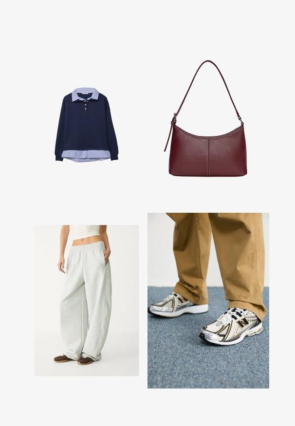 Granatowy sweter z długim rękawem z paskowanym niebieskim kołnierzykiem pod spodem, z trzema guzikami przy szyi i ściągaczami na rękawach.; Jasnoszare spodnie dresowe z elastycznym pasem, bocznymi kieszeniami i luźnym krojem. Wykonane z miękkiej, teksturowanej tkaniny; posiadają subtelne szwy.; Białe i srebrne sneakersy New Balance z czarnymi akcentami i sznurówkami, z siateczkową cholewką, amortyzowaną podeszwą i dynamicznym wzornictwem.; Bordowa torebka skórzana o zaokrąglonym kształcie, z jednym paskiem na ramię i przeszyciami w centrum. Gładka faktura, minimalna ilość elementów metalowych.