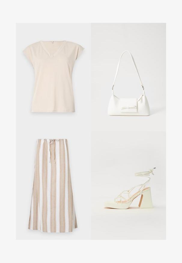 Beige v-paita, joka on valmistettu pehmeästä kankaasta, lyhyillä hihatunneilla ja rentoon istuvuuteen. Yksinkertainen muotoilu ilman näkyviä kuvioita tai yksityiskohtia.; Raidallinen hame valkoisena ja vaaleanruskeana, jossa on nyörikiinnitys vyötäröllä ja pitkä, valuva muoto. Valmistettu kevyestä kankaasta, joka on rento istuvuus.; Valkoinen korkokenkä, jossa on paksu korko, ja joka sisältää nauhakiinnityksen ja nilkkaketjun. Sujuva pinta, jossa on platform-etupohja lisäkorkeutta varten.; Valkoinen synteettinen käsilaukku, jossa on kolmikulmainen muoto, tasainen etu läppä ja nauhadetail, säädettävä olkahihna, sileä rakenne ja minimalinen muotoilu.