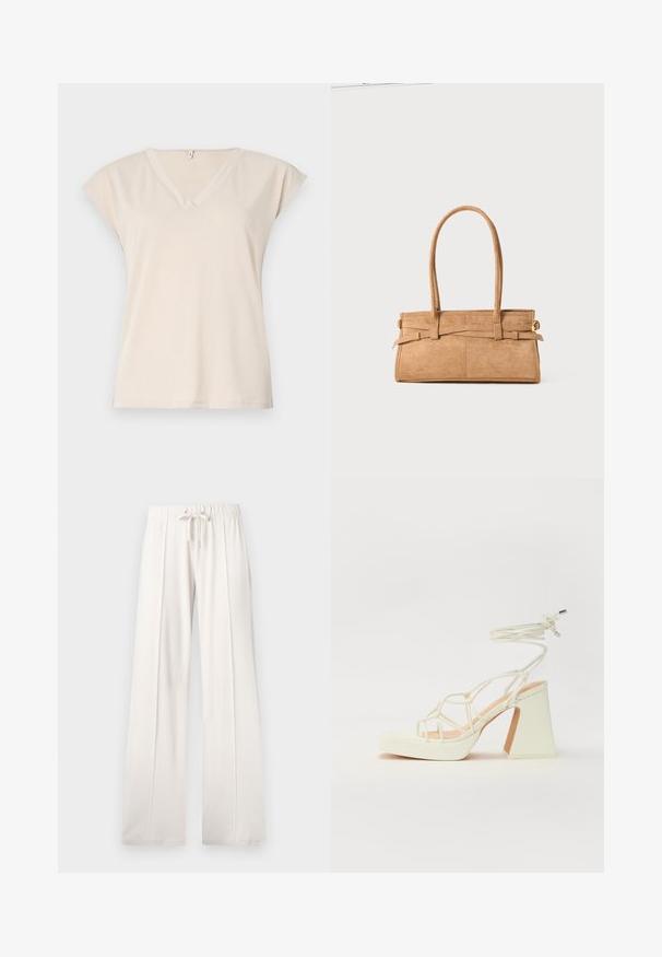 Beige v-hals t-shirt lavet af blødt stof med korte kapærmer og et afslappet fit. Enkel design uden synlige mønstre eller detaljer.; Lys beige sweatkorts lavet af blødt stof, med snoretræk i taljen, brede ben og lodrette sømme, samt en glat tekstur.; Hvide højhælede sandaler med en kraftig hæl, der har et stropdesign og ankelbinding. Glat tekstur med en platform foran for ekstra højde.; Tan ruskindtaske med to lange håndtag, rektangulær form og dekorativ syning. Den har en sideløsning og subtile guldfarvede hardware-detaljer.