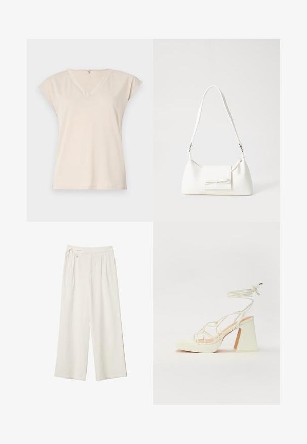 Beige v-hals t-shirt lavet af blødt stof med korte kapærmer og et afslappet fit. Enkel design uden synlige mønstre eller detaljer.; Vide ben bukser i off-white stof med en glat tekstur. Har en bundet talje og plisseret front, designet til en afslappet pasform.; Hvide højhælede sandaler med en kraftig hæl, der har et stropdesign og ankelbinding. Glat tekstur med en platform foran for ekstra højde.; Hvid syntetisk håndtaske med en trekantet form, flad forsideklap og sløjfedetalje, justerbar strop, glat tekstur og minimalistisk design.
