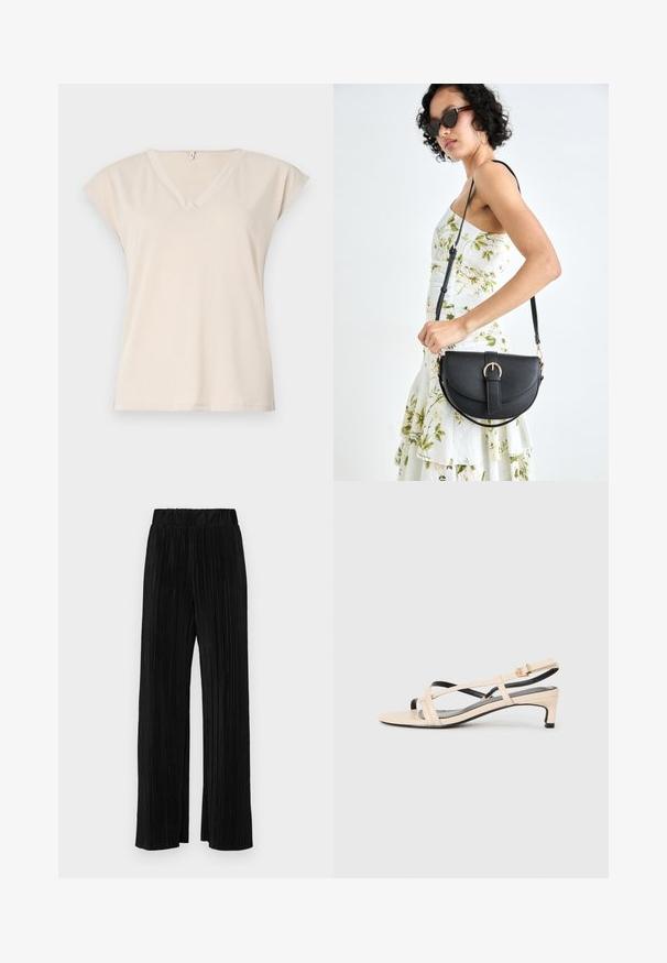 Kreem värvi V-kaelusega T-särk, mis on valmistatud pehmest kangast, lühikeste kapuutsihüübitud varrukate ja lõdva lõikega. Lihtne disain, ilma nähtavate mustrite või aktsentideta.; Mustad pleekitud püksid elastse vöökohtaga. Omavad laiad jalad ja sujuvat, tekstureeritud kangast vertikaalsete triipudega.; Beež nahast slingback-sandaalid ristkülikukujuliste rihmadega, madala kannaga ja mustade aktsentidega. Sile tekstuur ja minimaliseeritud disain.; Mustmust mustraha kõverate joontega, eemaldatava rihmaga ja kuldsete detailidega. Kotil on klapp, millel on pandladetail.
