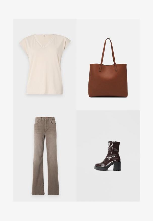Beige v-hals t-shirt lavet af blødt stof med korte kapærmer og et afslappet fit. Enkel design uden synlige mønstre eller detaljer.; Brune højtaljede straight-leg jeans med frontknap, bælteløkker og klassisk fem-lomme design på en hvid baggrund.; Glatte burgunder ankelstøvler med en chunky sort hæl, der har en glat tekstur og et simpelt design. Ingen synlige lukninger eller mønstre.; Brun læder tote taske med en glat overflade, åben topdesign og to skulderremme. Har minimal syning og ingen synlig hardware.