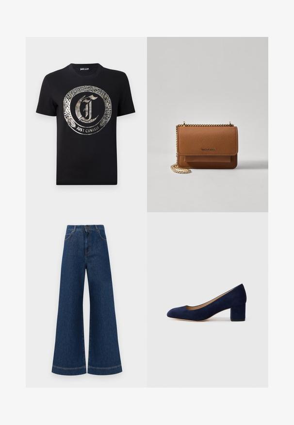 Černé bavlněné tričko s metalickým stříbrným logem a designem hada obklopujícím písmena "J" a "C." Krátké rukávy, kulatý výstřih.; Široké modré džíny s vysokým pasem, se zapínáním na knoflík, poutky na opasek a jemnými stehy podél kapes a lemů.; Námořnicky modré semišové lodičky s špičatou špičkou a středně vysokým blokovým podpatkem. Hladká textura s jemným leskem a malým výřezem na přední části.; Hnědá texturovaná kožená kabelka přes rameno se zlatým řetízkovým popruhem a klopnovým uzavíráním. Přední strana obsahuje detail loga a kapsu pod klopou.