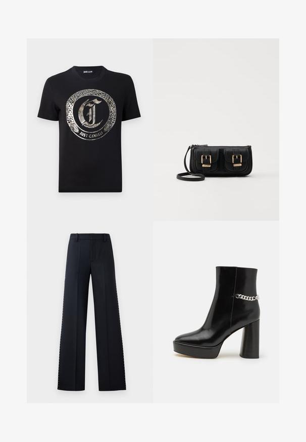 T-shirt de algodão preto com um logótipo metálico prateado, apresentando um design de cobra a contornar as letras "J" e "C". Mangas curtas, gola redonda.; Calças de perna larga em preto. Corte ajustado com uma textura suave. Apresenta uma fileira de tachas metálicas ao longo das costuras laterais para detalhe.; Bota de tornozelo em couro envernizado preto com uma plataforma robusta e um salto alto em bloco. Apresenta um detalhe em corrente prateada na lateral. Textura suave.; Bolsa de ombro em couro preto com dois bolsos frontais, fivelas douradas, fecho de zíper e uma alça fina. Superfície texturizada e forma retangular compacta.