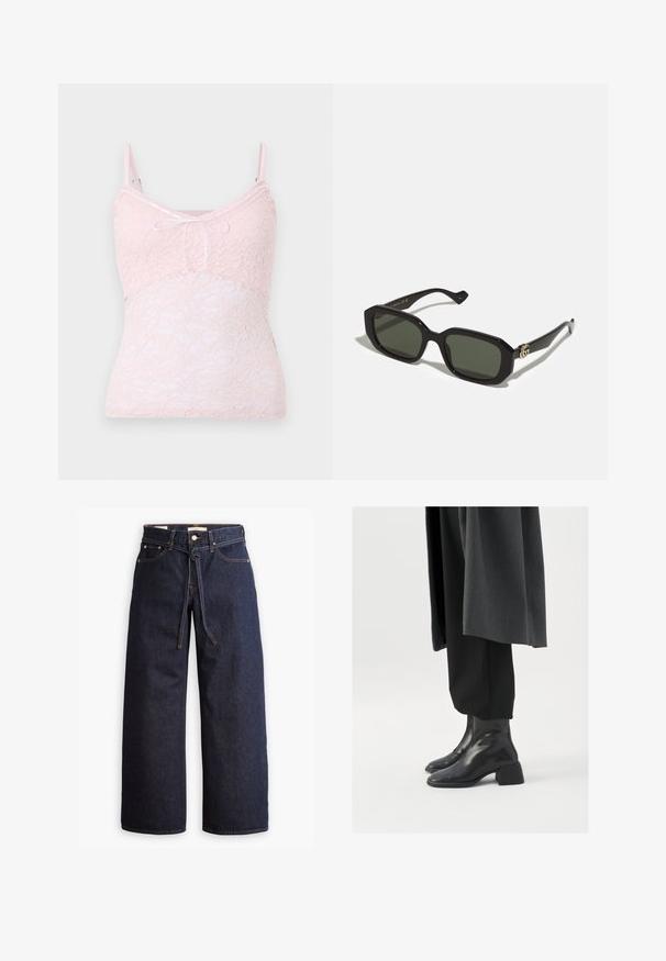 Hollister Co. Top - pale lilac; Calças de ganga de perna larga, em azul escuro, com uma cintura alta, apresentando um cordão, cinco bolsos e detalhes de costura em contraste.; Botas de tornozelo de couro preto com bico quadrado e salto chunky, usadas com calças pretas largas e um casaco cinza escuro. Textura de superfície lisa.; Óculos de sol retangulares pretos com lentes verdes sólidas, apresentando um acabamento brilhante e um logótipo dourado em destaque na lateral.