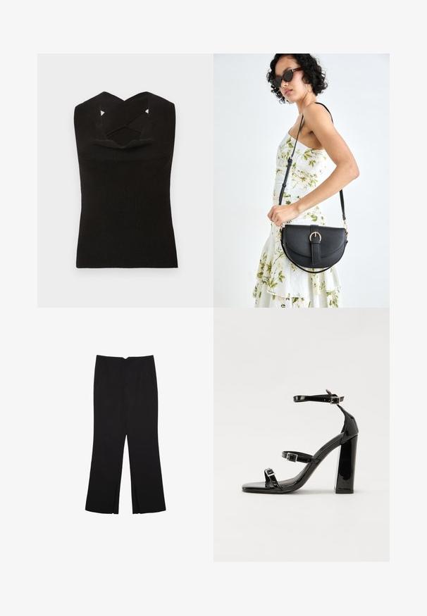 Črni rebrasti brezrokavnik z globokim izrezom in križanimi naramnicami. Gladka tekstura in prilegajoča silhueta.; Črne hlače ravnega kroja z naglavnimi žepi in stranskimi razporki na robu. Narejene iz mehke, gladke tkanine. Primerne za različne priložnosti.; Črne lakaste sandale z visokimi petami, z dvema trakovoma z zaponkama, kvadratnim sprednjim delom in masivno širšo peto, z gladko, sijočo teksturo.; Črna usnjena torbica s ukrivljeno obliko, z odstranljivo naramnico in zlatimi dodatki. Torbica ima pokrov s podrobnostmi v obliki zaponke.