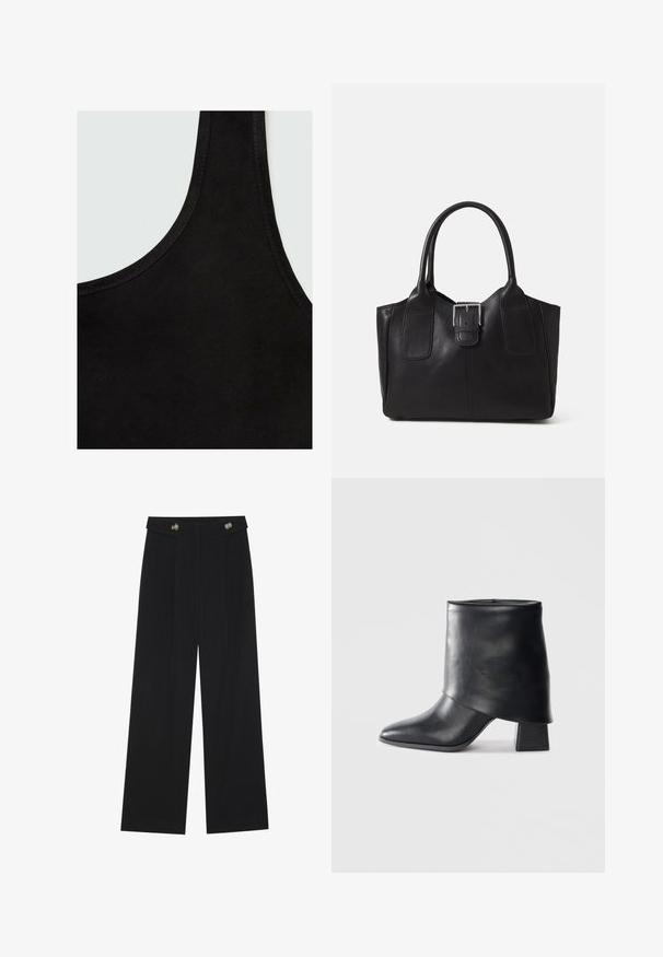 Mango Top - black; Zwarte wijde broek met hoge taille, knoopdetails op de tailleband en plooien aan de voorkant.; Zwarte leren enkellaars met een spitse neus, een zachte textuur en een gestructureerde blokhak. Kenmerkt zich door een hoge, gevouwen kraag.; Zwarte leren tote bag met een gladde textuur, gestructureerde vorm, twee handvatten en een opvallend zilveren sluitingdetail aan de voorkant.