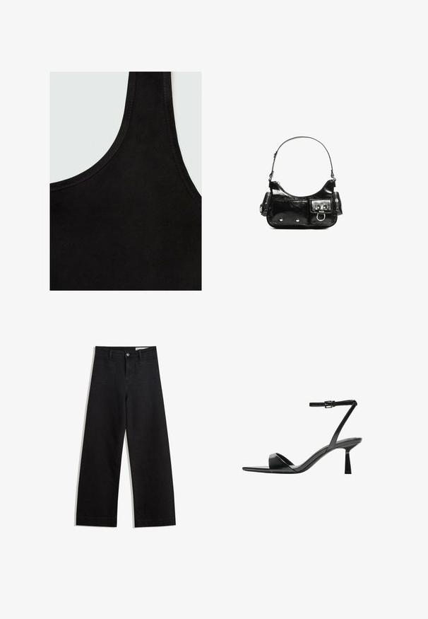Mango Top - black; Čierne denimové nohavice s širokými nohavicami a vysokým pásom, so prednými a zadnými vreckami, šitými švami a zapínaním na gombík. Hladká textúra.; Bershka Sandále na vysokom opätku - black; Čierna laková kožená kabelka s ohnutým tvarom, jedným ramenným popruhom, prednými vreckami a striebornými kovovými doplnkami.