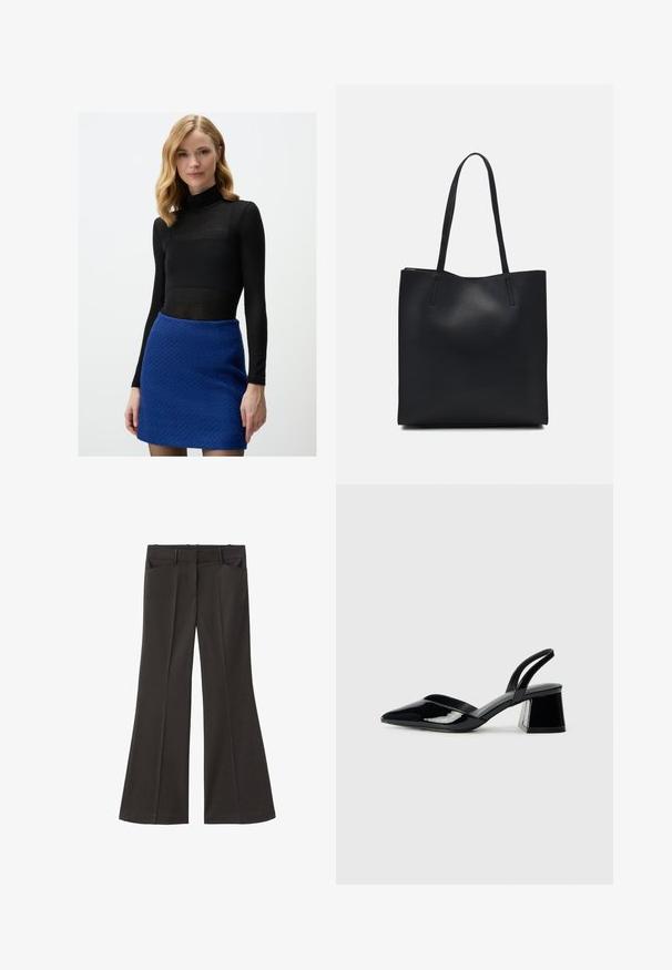 Schwarzes langärmliges Rollkragenoberteil, kombiniert mit einem strukturierten blauen Minirock. Das Oberteil ist durchsichtig, während der Rock ein gewebtes Muster aufweist.; Schwarze, weit geschnittene Hosen mit hoher Taille; verfügt über zwei Fronttaschen und eine glatte Stoffoberfläche. Geeignet für verschiedene Anlässe.; Schwarze Lackleder-Slingback-High Heels mit spitzem Schuh und einem geometrischen Blockabsatz. Verfügt über ein schlankes, minimalistisches Design und eine glatte Textur.; Schwarze Laptoptasche aus Leder mit glatter Textur, rechteckiger Form und zwei langen Griffen. Keine sichtbaren Beschläge oder Verzierungen.