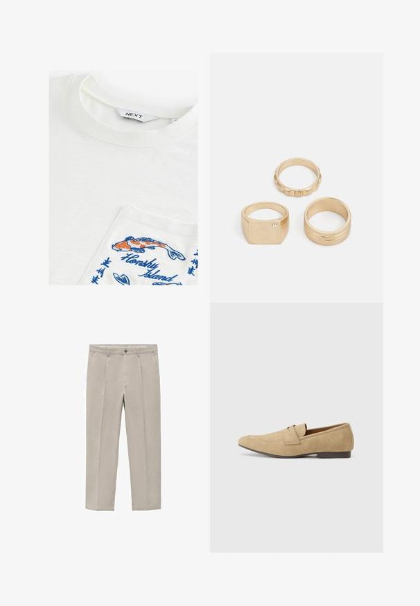Weißes T-Shirt mit Rundhalsausschnitt, das mit einer Tasche bestickt ist, die bunte Koi-Fische und den Text "Honsky Island" in Blau zeigt. Weicher Stoff.; Helle beige Hose aus einem Baumwollgemisch mit geradem Bein, Frontfalten, einem Knopfverschluss und Seitentaschen.; Beige Wildleder-slipper mit leichtem Glanz, runder Zehenform, praktischer Schlupf-Design und niedrigem braunen Absatz. Dezente Steppnähte.; Drei goldene Ringe: ein quadratischer Ring mit einem kleinen Stein, ein texturierter Band mit Rillen und ein glatter, polierter Band mit zwei Rillen.