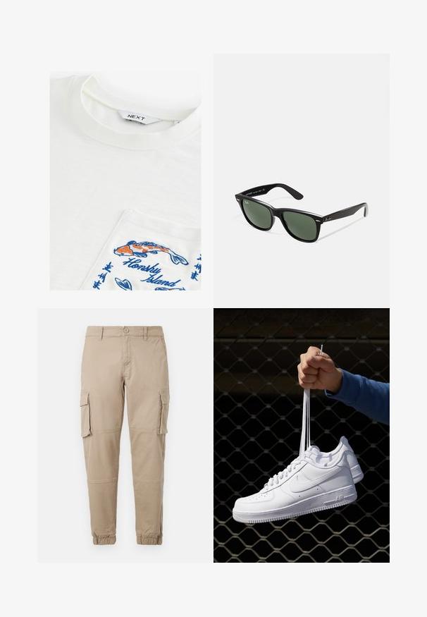 Balta marškinėliai su apvaliu kaklu, kuriuose yra kišenė, išsiuvinėjama spalvingais koi žuvimis ir tekstu "Honsky Island" mėlyna spalva. Minkšta tekstūra.; Bežiniai cargo kelnės iš lengvos medvilnės. Su elastingais užtrauktukais, keliais šoniniais kišenėmis ir mygtukų uždarymu.; Balti odiniai sportiniai bateliai su perforacijomis, apvalia nosimi, plokščiu padu ir storomis raištelėmis, su matomu swoosh logotipu ir "AIR" ant kulno.; Juodi plastikiniai saulės akiniai su žaliais objektyvais, kvadratiniais rėmeliais, sidabriniu akcentu ant antakio ir tekstūruotais šventyklų šakutėmis. Vidinėje šakutėje nurodyta prekės ženklo pavadinimas.