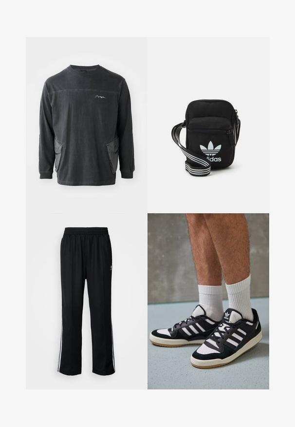 Cămașă neagră cu mânecă lungă și guler rotund. Are două buzunare laterale și un grafic de munte pe piept. Fabricată din material moale din bumbac.; Pantaloni atletici negri cu talie elastică, având dungi albe pe laterale și un mic logo. Materialul pare moale și ușor.; Adidași negri și albi cu un superior din suede și piele, prevăzuți cu trei dungi albe, un vârf perforat și o talpă din cauciuc caramel.; Geantă de umăr din material textil negru, cu închidere cu fermoar, având un logo Adidas alb și o curea ajustabilă cu dungi pentru o transportare ușoară.