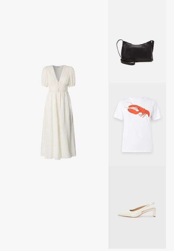 Hvit bomull t-skjorte med et stort, lyst rødt hummermotiv på fronten. Korte ermer og standard rund hals-design.; Hvit midikjole med puffermer, dyp V-hals, stoff med broderte detaljer, knappelukking i midjen, svaiende skjørt.; Hvit patentlær slingback-sko med spiss tå og lav blokkheel. Har en diskret stropp med detalj i gulltone.; Svart skinn skulderveske med glatt tekstur, buet form, justerbar stropp og glidelås. Minimalistisk design uten dekorasjoner.