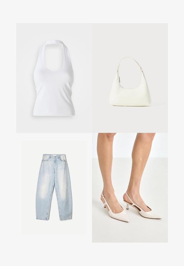 Bela halter majica z odrezanim izrezom, izdelana iz gladkega, elastičnega materiala. Ima minimalističen dizajn brez okrasnih dodatkov ali vzorcev.; Bela srajca z gumbom, klasičnega ovratnika, dolgimi rokavi in sproščenim krojem. Narejena iz lahkotnega blaga z gladko teksturo.; Svijetloplave traperice slobodnog kroja, s izbjeljenom završnom obradom, dva prednja džepa i kopčom na gumbe na pojasu.; Bež lakirane usnjene čevlje na peto s koničastim nosom in 5 cm visokim peto, ki imata izrezane stranice in tanko zanko okoli gležnja.; Majhna bela torbica za ramo z enim nastavljivim trakom in zadrgo, postavljena na enobarvno belo ozadje.