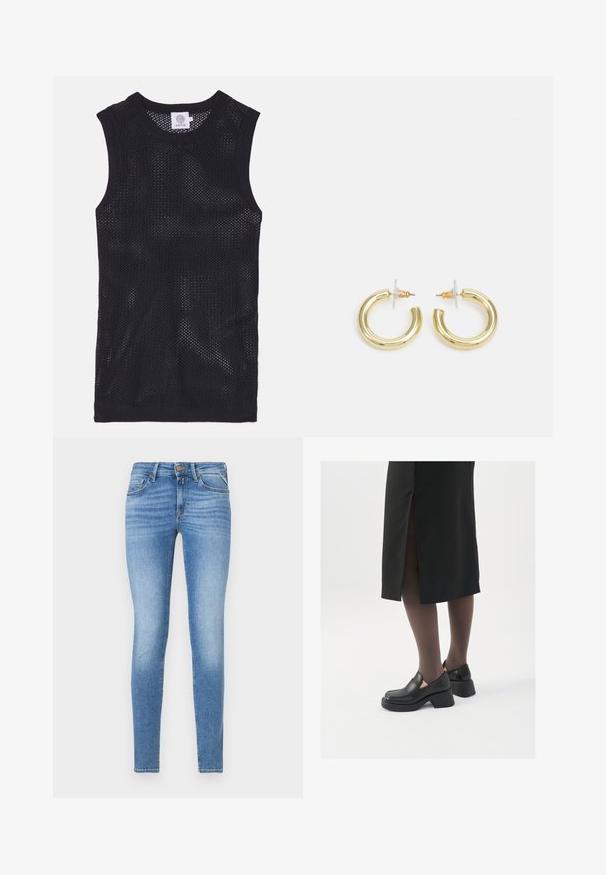 Črna brezrokavnica iz mrežastega blaga, ki ima okroglo ovratnik in rebraste robove, z lahkotno in zračno zasnovo.; Mornarsko modra kordura srajca z gumbom spredaj, ovratnikom in tremi četrtinami rokavov. Ima peplum stil z nabrano spodnjim robom in mehak material.; Tanjši modri jeans z višjim pasom, sprednjim gumbom in petimi žepi.; Črne usnjene čevlje s zaobljenim prstom, debelim blokastim petama in elastičnimi stranskimi detajli, v kombinaciji s temno nogavicami in črno krilo z razporkom.; Zlate uhane v obliki obročkov z gladko, sijočo površino. Krožna zasnova s majhnim nosilcem in prozornim podplatom za varno nošenje.