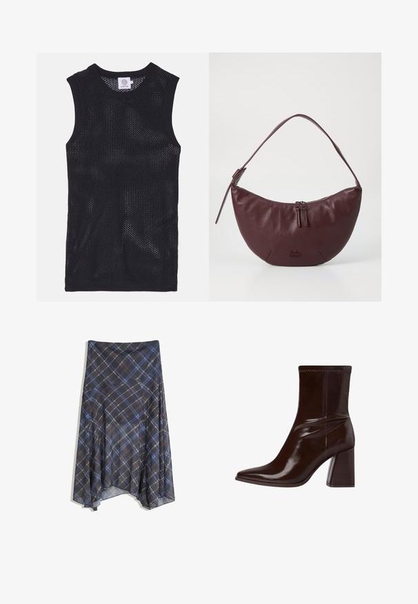 Zwarte mouwloze jersey top gemaakt van meshstof, met een ronde halslijn en ribbeltrims, voorzien van een lichtgewicht en ademend ontwerp.; Zwarte geruite rok met blauwe en bruine lijnen, vloeiende stijl, middellang, gemaakt van lichte stof met een gladde textuur.; Bruine verlichte leren enkellaars met een spitse neus, elastische enkel en een stevige blokhak. Strak ontwerp met een gladde textuur.; Bordeaux lederen handtas met een gebogen ontwerp, voorzien van een ritssluiting, twee ritslussen en een korte schouderband. De details omvatten een geperst logo.