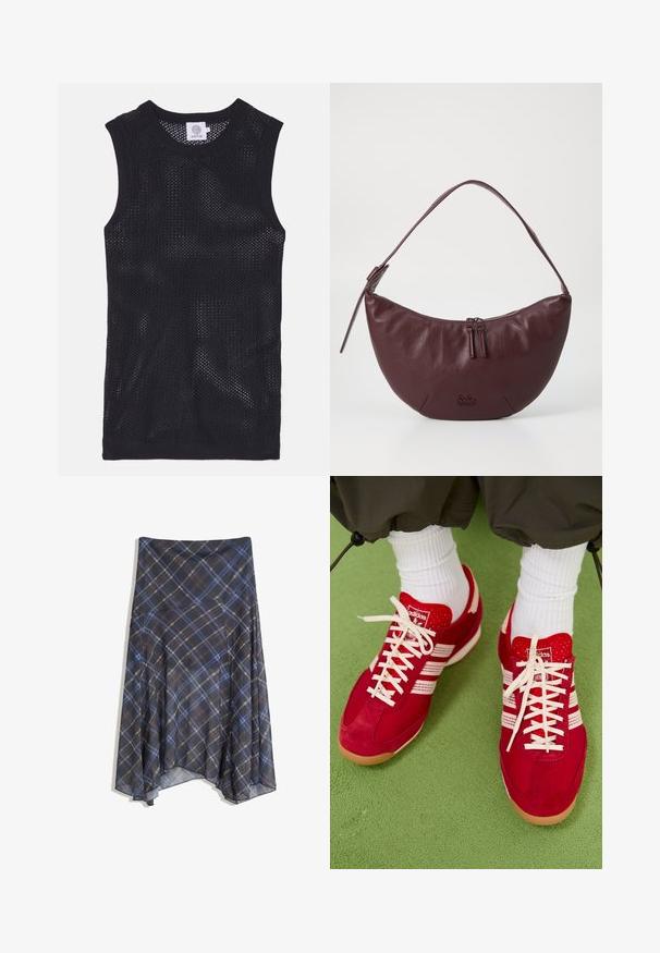 Zwarte mouwloze jersey top gemaakt van meshstof, met een ronde halslijn en ribbeltrims, voorzien van een lichtgewicht en ademend ontwerp.; Zwarte geruite rok met blauwe en bruine lijnen, vloeiende stijl, middellang, gemaakt van lichte stof met een gladde textuur.; Rode suède en mesh sportieve schoenen met witte strepen en veters. Rubberen zool. Draag met witte geribbelde sokken op een groene textuur.; Bordeaux lederen handtas met een gebogen ontwerp, voorzien van een ritssluiting, twee ritslussen en een korte schouderband. De details omvatten een geperst logo.