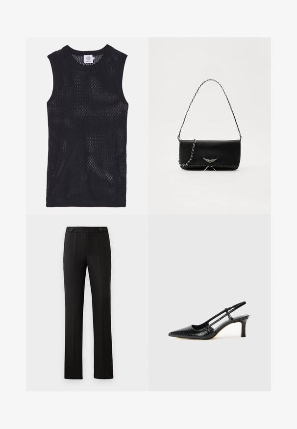 Must mustriga mustrihaga top, mis on valmistatud võrgusilma kangast, ümmarguse kaelusega ja ribaga viimistlusega, kerge ja hingava disainiga.; Mustad kohandatud püksid sirge säärega, kahe esipocketiga, nup closure'iga ja volditud detailidega ees. Sile kangatekstuur.; Mustmust paelad, millel on terav varvas, tekstuuriga maduprindiga, reguleeritav rihm ja lühike tekstuuriga plokknina.; Mustvalge nahk käekott hõbedase ahelsanga ja dekoratiivsete tiivaaktsentidega, samuti valgete õmblustega alumises ühenduses.