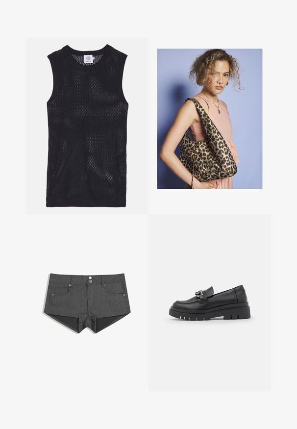 Black sleeveless jersey top made of mesh fabric, featuring a round neckline and ribbed trims, with a lightweight and breathable design.; Gray denim shorts with two front pockets, dual front buttons, and a fitted design. The fabric has a smooth texture.; Black loafer-style shoe with a chunky platform sole, smooth leather upper, decorative chain accent, and slight heel with notched detail.; Woman with curly hair wearing a pink sleeveless top and gold heart necklace, carrying a large leopard print shoulder bag.