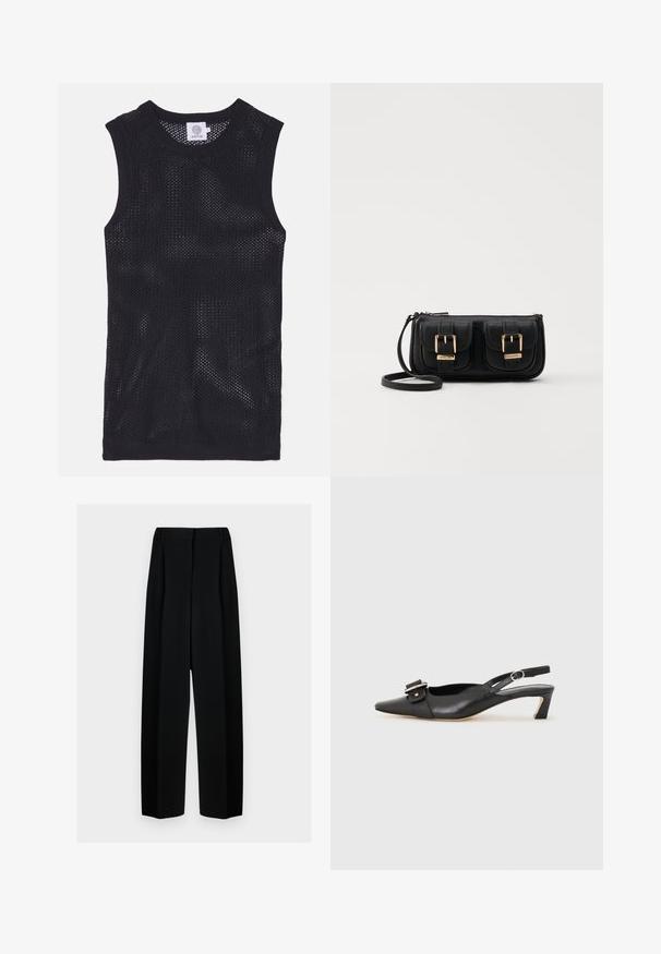 Fekete ujjatlan, hálós anyagból készült trikó, kerek nyakkivágással és bordázott díszítéssel, könnyű és légies kialakítással.; Fekete, széles szárú nadrág magas derékkal, redők és sima textúra jellemzi. Az anyag könnyűnek tűnik és elegánsan hullámzik.; Fekete bőr szandál kis sarkú, hegyes orral, díszes csattal a felsőrészen. Simább textúra, minimalista design.; Fekete bőr keresztbody táska két elülső zsebbel, arany csattokkal, cipzáras záródással és vékony pánttal. Textúrált felület és kompakt téglalap alak.
