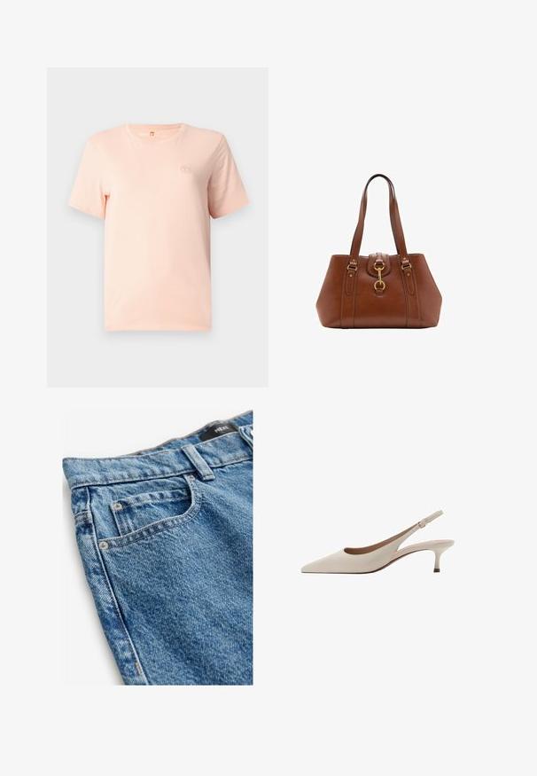 Svetlo roza majica s kratkimi rokavi iz bombaža, z okroglim ovratnikom in majhnim vezenim dizajnom na levi prsni del.; Jeans iz jeansa v srednje modri barvi z zbledelim videzom. Značilnosti vključujejo pet žepov, bakrene zakovice in šivano detajliranje ob šivih.; Bež sandale s peto, ki se zavezuje za peto, z izostrenim nosom in nizko, razširjeno peto. Narejene iz gladke usnje z minimalisticnim dizajnom in prilagodljivo zanko.; Rjava usnjena torba z dvema ročajema, okroglo obliko, zlatim okovjem in osrednjim detajlom z zaponko. Gladka tekstura z izvezenimi detajli.