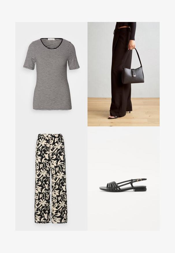 Melnos un baltos svītrainas īsām piedurknēm t-krekls ar apaļu kakla izgriezumu. Mīksta tekstūra, pieguļošs dizains, glītas līnijas, kakla daļā ir etiķete.; Melni platie bikses ar krēmkrāsas ziedu rakstu. Izgatavotas no viegla auduma, kuram ir gluda tekstūra un augsta jostasvietas daļa.; Melnas plakanas sandalēs ar jostu dizainu, kas ietver vairākas ādas jostas un šauru potītes sprādzi. Zole ir plakana un taisnstūrveida.; Melnā somiņa ar strukturētu formu, gludu tekstūru un metālu sprādzi. Saskaņota ar platām melnām biksēm un sandālēm ar atvērtu purngalu uz koka grīdas.