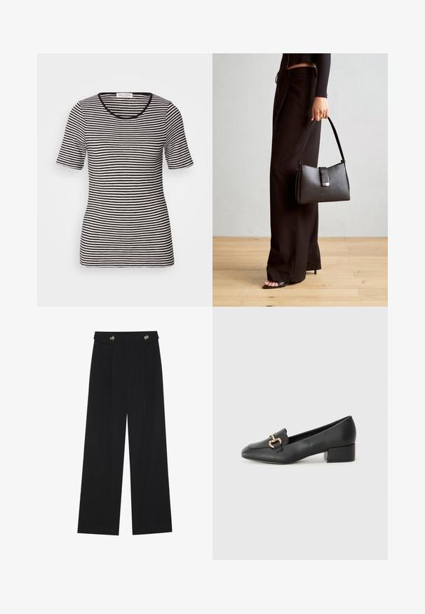 Melnos un baltos svītrainas īsām piedurknēm t-krekls ar apaļu kakla izgriezumu. Mīksta tekstūra, pieguļošs dizains, glītas līnijas, kakla daļā ir etiķete.; Melnas platās bikses ar augstu jostasvietu, pogu detaļām uz jostas un priekšējām krokām.; Melnas ādas loafers ar plakanu papēdi, kurām priekšā ir dekoratīvs zelta aparatūras elements un gluda tekstūra.; Melnā somiņa ar strukturētu formu, gludu tekstūru un metālu sprādzi. Saskaņota ar platām melnām biksēm un sandālēm ar atvērtu purngalu uz koka grīdas.