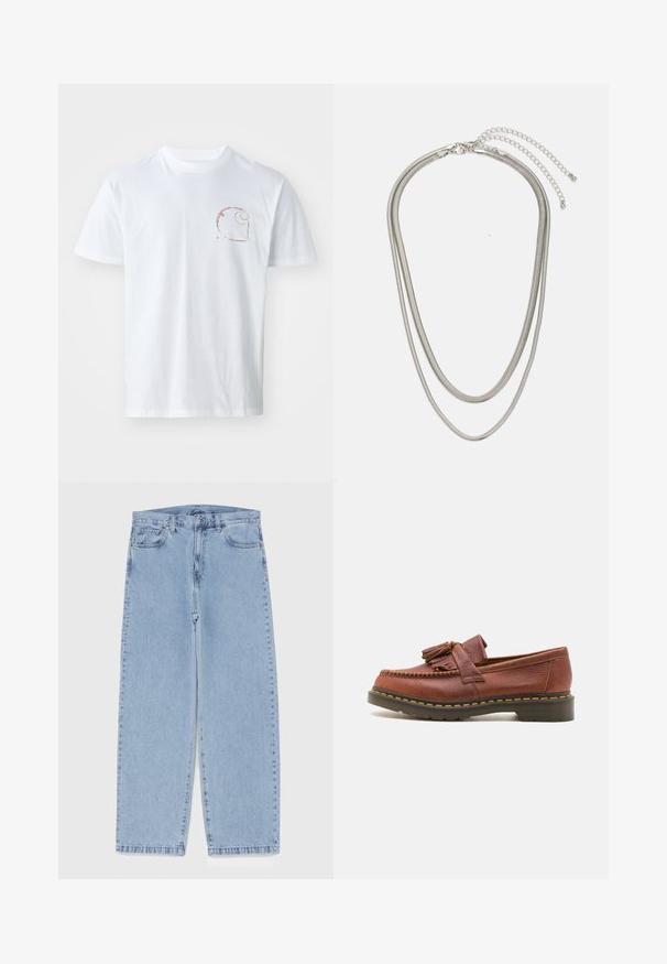 Balts kokvilnas T-krekls ar mazu brūnu spirāles logotipu kreisajā krūtī, īsām piedurknēm un apaļu kakla dizainu.; Gai zila džinsu bikses ar taisnu kāju dizainu, kas piedāvā vidēju vidukļa augstumu, piecas kabatas un pogas un rāvējslēdzēja aizdari.; Brūnas ādas mokasīni ar pušķu akcentiem, strukturēta virsma un kontrastējošs dzeltenais diegs melnajā gumijas zole. Sānu skats.; Trīslīmeņu sudraba metāla kaklarota ar gludām, elastīgām ķēdēm, kas spīd, droši piestiprināta ar omā uzgali un regulējamu ķēdi.