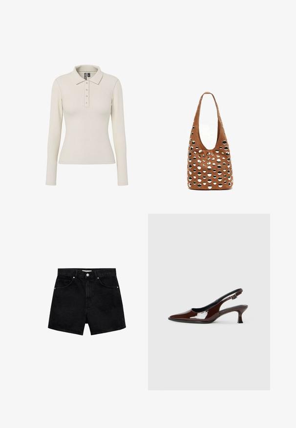 Polo majica z dolgimi rokavi v barvi slonovine iz rebraste tkanine s ovratnikom in petimi kovinskimi gumbi spredaj. Prilagojen kroj.; Črne jeans kratke hlače z visokim pasom, petimi žepi in srebrnim gumbom za zapiranje. Imajo gladko teksturo in eleganten kroj.; Rjavi lakirani slingback čevelj z ostro konico in zmerno peto. Ima zaponko za varno prileganje. Gladka tekstura.; Rjava suknjena torbica z velikimi krožnimi izrezi in kovinskimi poudarki. Izrazita hobotnica oblika z enim ramenskim trakom, gladka tekstura.