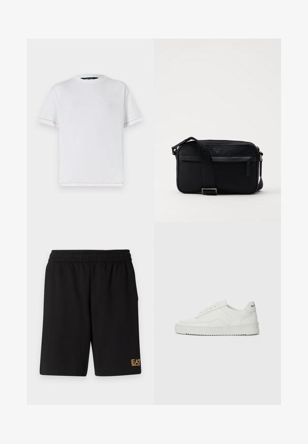 Hvit bomulls T-skjorte med rund hals og korte ermer. Har subtilt preget logo på fronten og kontrasterende rød søm på ermene.; Sorte treningsshorts laget av mykt stoff, med elastisk midje og en liten gul EA7-logo nederst på venstre ben.; Hvite lærersneakers med en jevn overflate, rund tå, flate lisser og en teksturert såle. Har en subtil logo på hælen.; Svart nylon skulderveske med en kontrasterende stropp, slank rektangulær form, logo-detalj og en glidelåslomme på forsiden.