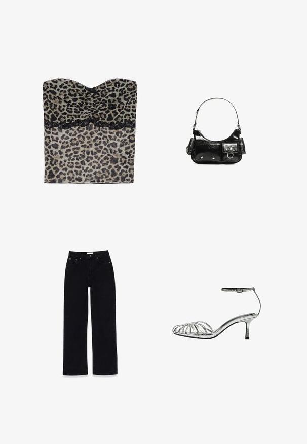 Leopard print strapless top with ruched texture, black lace trim along the bottom, crafted from lightweight fabric.; Black denim jeans with a straight leg design. Features include a smooth texture, five-pocket styling, and metal hardware accents.; Silver strappy sandal with a low heel, featuring multiple crisscross straps, an ankle strap with a buckle, and a smooth, shiny texture.; Black patent leather handbag with a curved shape, one shoulder strap, front pockets, and silver-tone hardware accents.